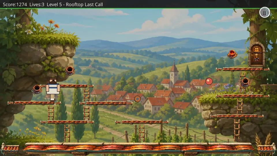 Marek gameplay in the horizontal Rooftop Last Call level overlooking a sunny village valley