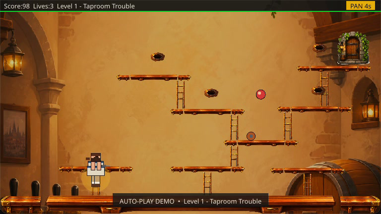 Example mockup of a sponsored level background in Marek: the Taproom Trouble level with its warm pub walls, wooden platforms and barrels
