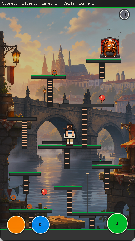Level 4, Rooftop Rush: a dawn skyline of spires and chimney pots with tight ledges, ladders and the rooftop exit door