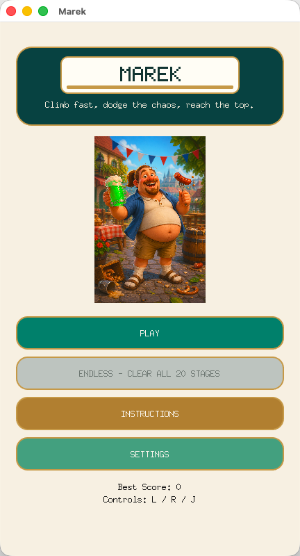 Marek main menu with the pixel wordmark, character art and Play, Endless, Instructions and Settings buttons