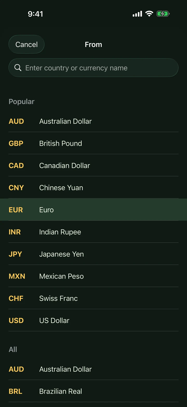 convertFrog currency search screen