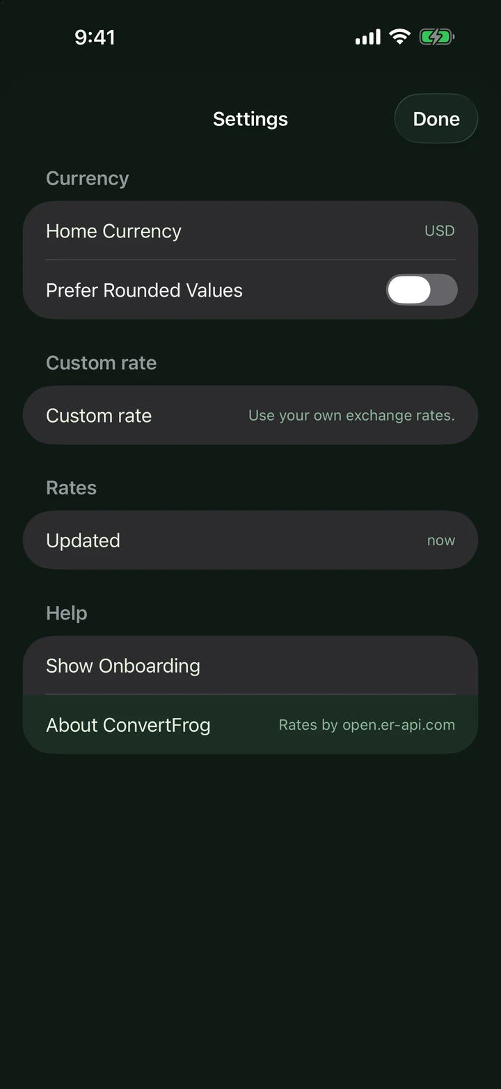 convertFrog settings screen with home currency, rounding and custom rate options